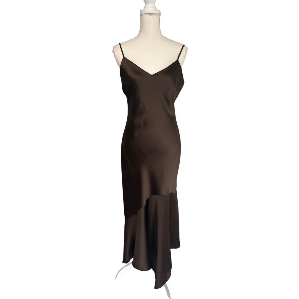 Steve Madden Brown Satin Asymmetric Slip Midi Dress - Picture 4 of 14